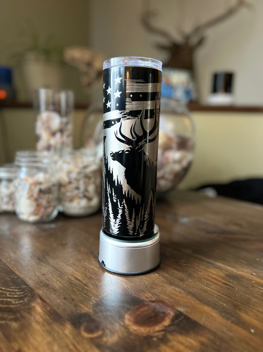 Majestic Elk & American Flag – 20oz Laser Engraved Skinny Tumbler