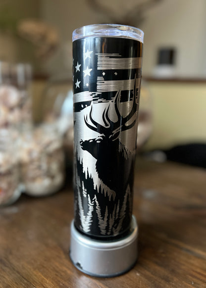 Majestic Elk & American Flag – 20oz Laser Engraved Skinny Tumbler