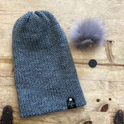 Thick, Gray, Knitted Adult Beanie Hat with Removable Faux Fur Pom – Winter Warm Stretch Fit