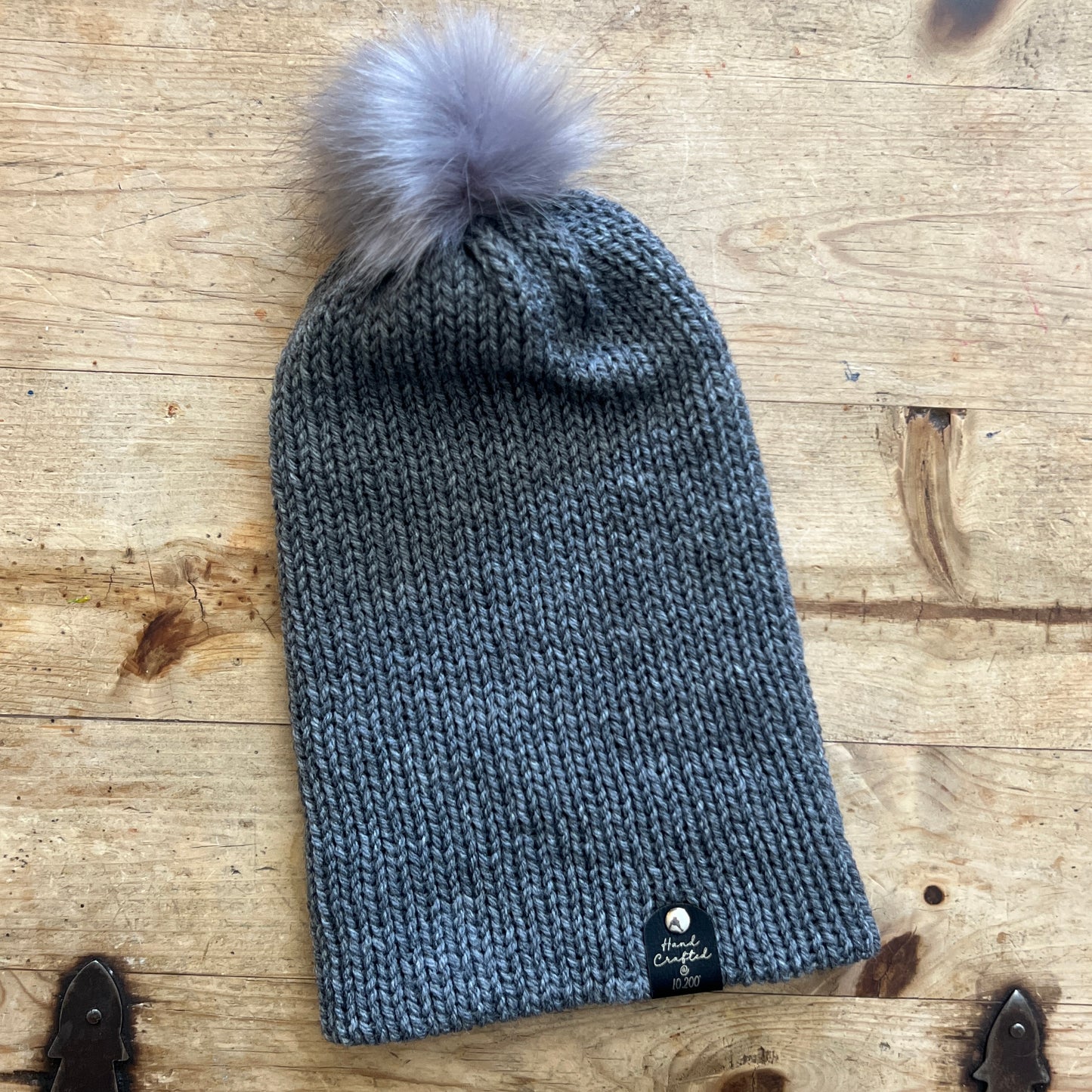 Thick, Gray, Knitted Adult Beanie Hat with Removable Faux Fur Pom – Winter Warm Stretch Fit