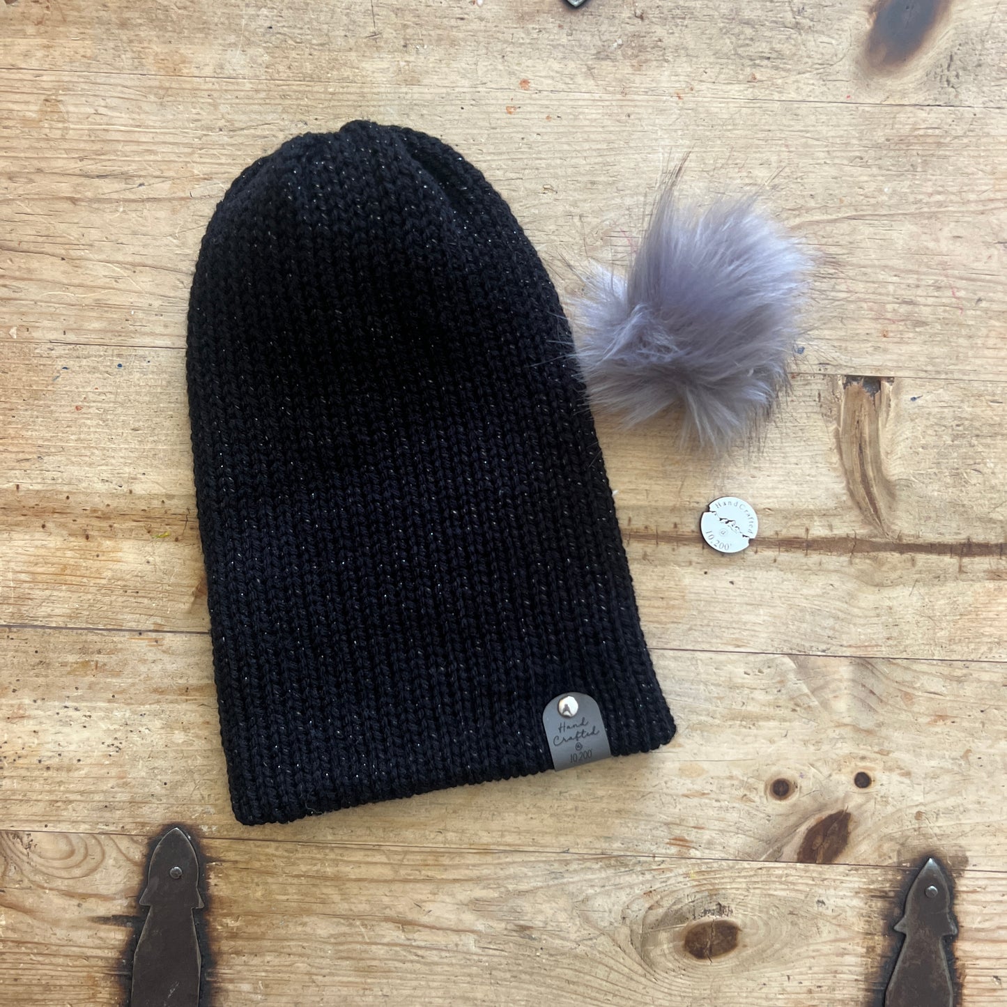 Thick, Black, Knitted Adult Beanie Hat with Removable Faux Fur Pom – Winter Warm Stretch Fit