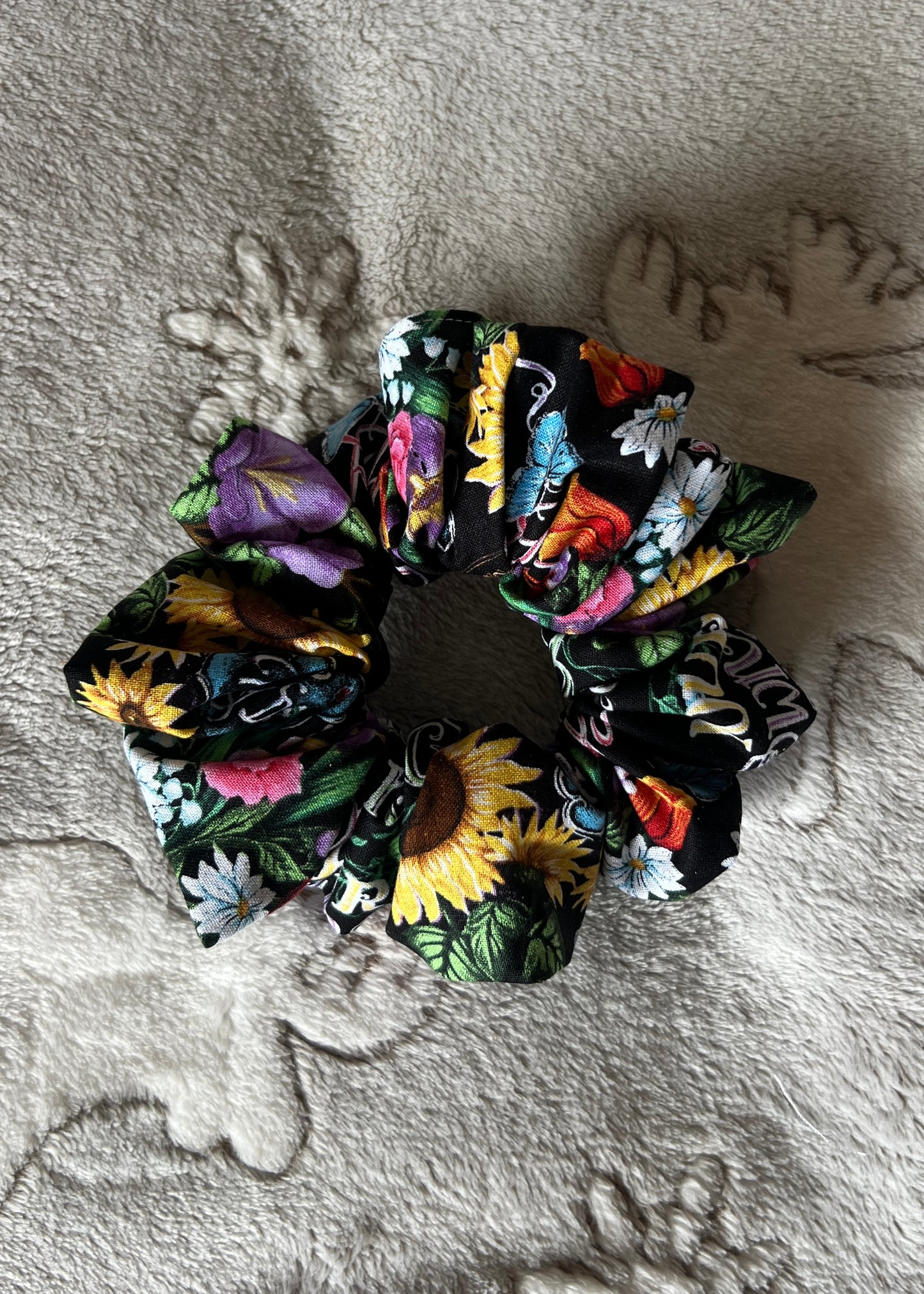 Black Floral Scrunchie – Sunflower Hair Accessory