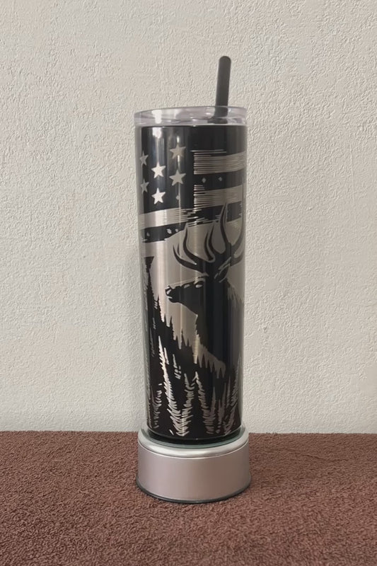 Majestic Elk & American Flag – 20oz Laser Engraved Skinny Tumbler
